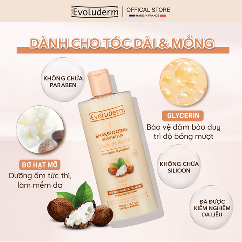 Dầu Gội Dưỡng Ẩm Evoluderm 400ml - Chiết Xuất Keratin, Bảo Vệ Màu Nhuộm, Phục Hồi Tóc Hư Tổn, Tóc Suôn Mượt, Dầu Tóc Chất Lượng Cao