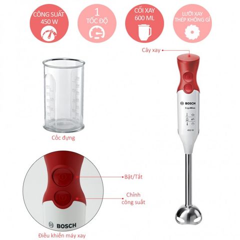 Máy Xay Cầm Tay Bosch MSM64110 - Công Suất 450W, Thiết Kế Thông Minh, Động Cơ Im Áo, Thích Hợp Cho Làm Đồ Uống Sinh Tố