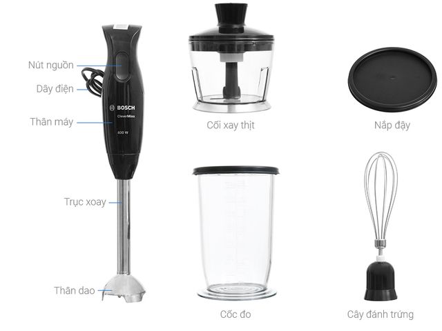 Máy Xay Cầm Tay Bosch MSM2650B - Đa Chức Năng Xay Thịt, Rau, Đá, Đánh Trứng, Cho Bé - Thiết Kế Gọn Nhẹ, Chính Hãng Đức