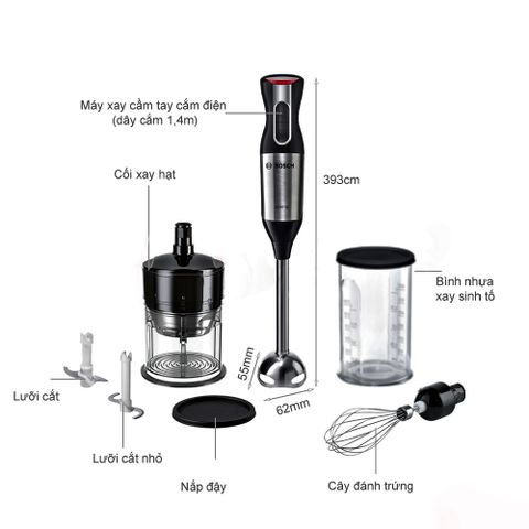 Máy Xay Sinh Tố Cầm Tay Bosch MS6CM6166 - Công Suất 1000W, Lưỡi QuattroBlade, 12 Mức Tốc Độ, Tháo Rời Dễ Dàng, Thiết Kế Gọn Nhẹ