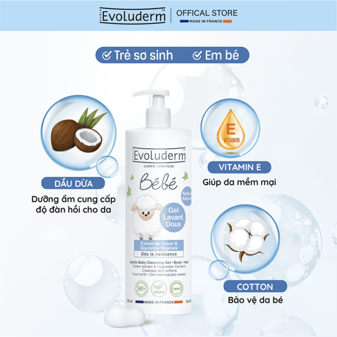 Gel Tắm và Gội Dưỡng Ẩm cho Bé Evoluderm - Làm Sạch Da và Tóc Mảnh, An Toàn và Tự Nhiên, Sản Phẩm Chăm Sóc Da Khỏe Mạnh từ Pháp
