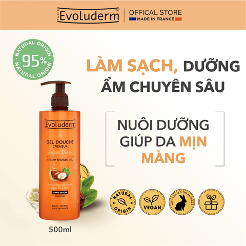 Gel Tắm Dưỡng Ẩm Evoluderm 500ml - Chiết Xuất Tinh Chất Hoa Tiare, Dầu Hạnh Nhân, Argan & Bơ Hạt Mỡ - Làm Sạch & Nuôi Dưỡng Da Mềm Mại
