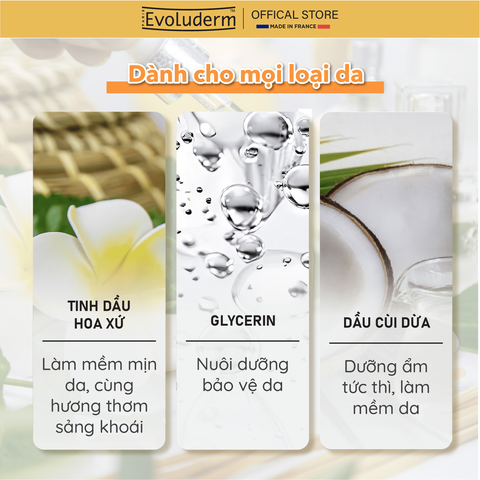Gel Tắm Dưỡng Ẩm Evoluderm 500ml - Chiết Xuất Tinh Chất Hoa Tiare, Dầu Hạnh Nhân, Argan & Bơ Hạt Mỡ - Làm Sạch & Nuôi Dưỡng Da Mềm Mại