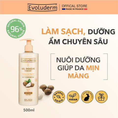 Gel Tắm Dưỡng Ẩm Evoluderm 500ml - Chiết Xuất Tinh Chất Hoa Tiare, Dầu Hạnh Nhân, Argan & Bơ Hạt Mỡ - Làm Sạch & Nuôi Dưỡng Da Mềm Mại