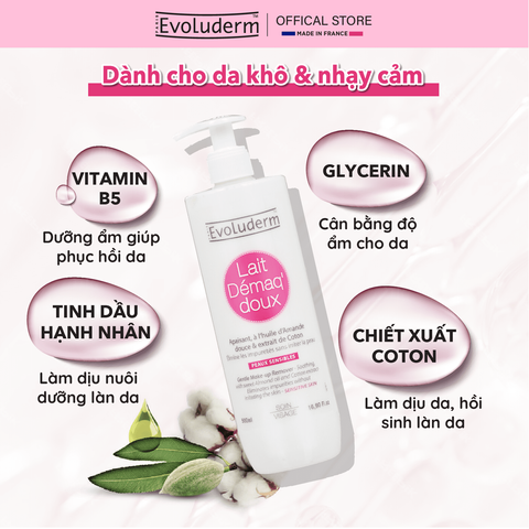 Sữa Tẩy Trang Evoluderm Dịu Nhẹ Cho Da Nhạy Cảm - Chiết Xuất Tự Nhiên, Dưỡng Ẩm, An Toàn Cho Da Khô, Mỹ Phẩm Thuần Chay 100ml
