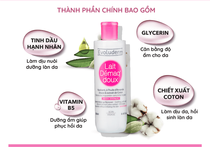 Sữa Tẩy Trang Evoluderm Dịu Nhẹ Cho Da Nhạy Cảm - Chiết Xuất Tự Nhiên, Dưỡng Ẩm, An Toàn Cho Da Khô, Mỹ Phẩm Thuần Chay 100ml