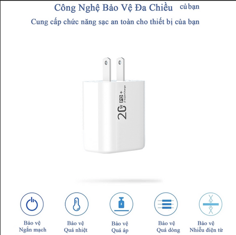 Củ Sạc Nhanh 2 Cổng Type C & USB 20W - Sạc Nhanh Cho iPhone, Samsung, LG, Huawei, Vivo, Oppo, Xiaomi - Thiết Kế Gọn Nhẹ, An Toàn