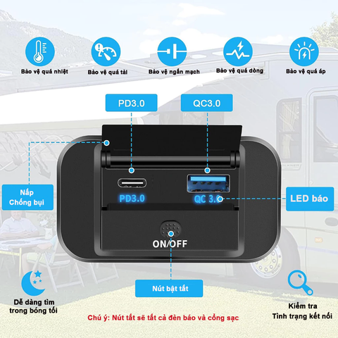 Tẩu Sạc Nhanh 67W Cho Ô Tô, Xe Máy, Tàu Thuyền - 2 Cổng Type C và USB, Sạc Nhanh Điện Thoại, Chất Liệu Nhựa ABS, Bảo Hành 30 Ngày