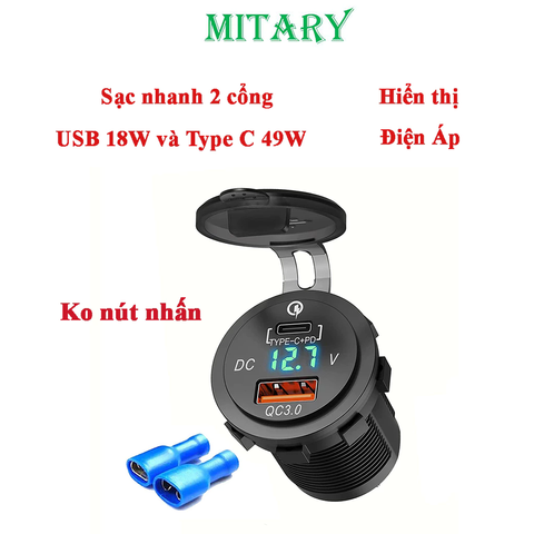 Tẩu Sạc Nhanh Ô Tô Xe Máy 2 Cổng USB Type C Chống Nước Chống Bụi Có Đèn LED Hiển Thị Điện Áp MITARY MTR010