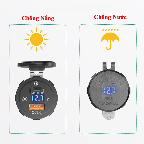 Tẩu Sạc Nhanh Ô Tô Xe Máy 2 Cổng USB Type C Chống Nước Chống Bụi Có Đèn LED Hiển Thị Điện Áp MITARY MTR010