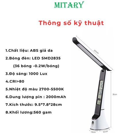 Đèn Bàn Học Chống Cận LED MITARY Tích Điện Với Đồng Hồ Vạn Niên, Đèn Ngủ & Chế Độ Điều Chỉnh Màu Sáng, An Toàn Cho Mắt