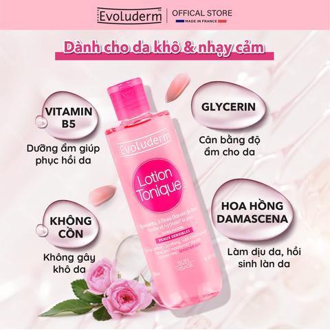 Nước Hoa Hồng Evoluderm 250ml/500ml - Dưỡng ẩm, Phục hồi da khô nhạy cảm với Tinh chất Nho và Cam thảo, Giúp da mềm mại, không chứa cồn