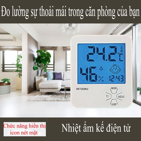 Nhiệt ẩm kế điện tử Hatusoku Nhật Bản với đồng hồ để bàn - Đo nhiệt độ và độ ẩm chính xác, hiển thị khuôn mặt thông minh, thiết kế tiện lợi