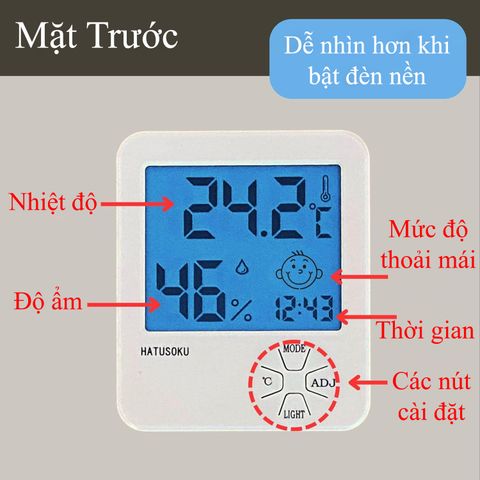 Nhiệt ẩm kế điện tử Hatusoku Nhật Bản với đồng hồ để bàn - Đo nhiệt độ và độ ẩm chính xác, hiển thị khuôn mặt thông minh, thiết kế tiện lợi