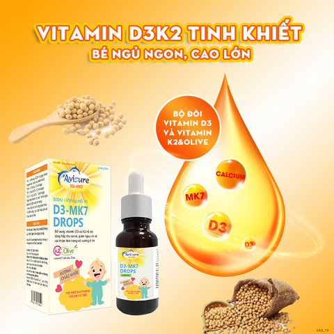 Vitamin D3K2 Avisure D3MK7 - Bổ Sung Canxi Tăng Chiều Cao Cho Bé, Hỗ Trợ Giấc Ngủ Ngon và Phát Triển Xương Khỏe Mạnh