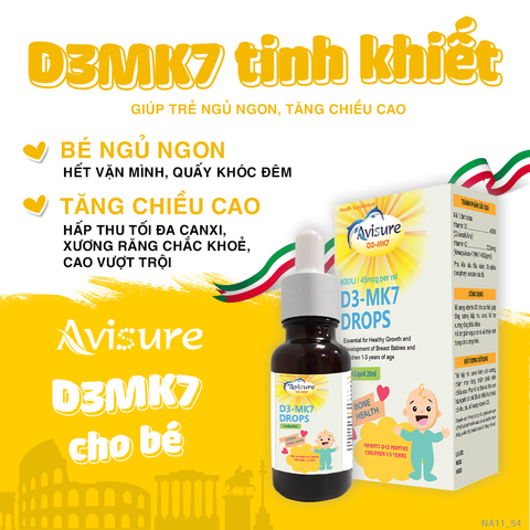 Vitamin D3K2 Avisure D3MK7 - Bổ Sung Canxi Tăng Chiều Cao Cho Bé, Hỗ Trợ Giấc Ngủ Ngon và Phát Triển Xương Khỏe Mạnh