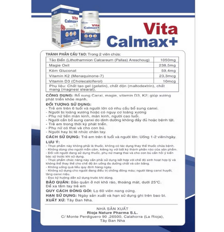 Canxi Hữu Cơ Tảo Biển Vita Calmax+ 60 Viên - Bổ Sung Canxi, Magie, Vitamin D3 và K2 Giúp Xương Khỏe Mạnh
