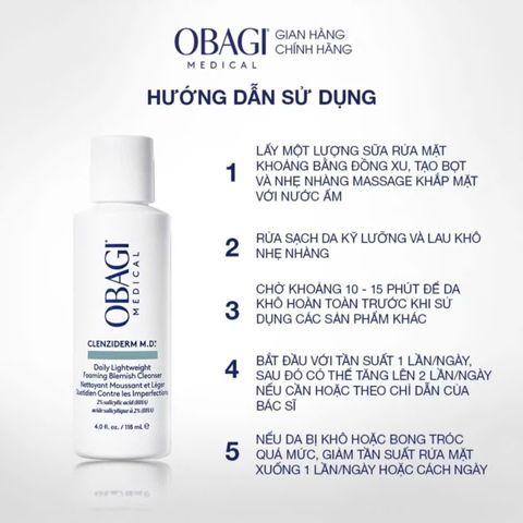 Sữa Rửa Mặt Obagi Clenziderm M.D. Foaming - Dành Cho Da Dầu Mụn, Tẩy Tế Bào Chết Với 2% Salicylic Acid (BHA)