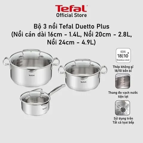 Bộ 3 Nồi Inox Tefal Duetto Plus G719S674 - Nồi Chịu Nhiệt An Toàn Cho Bếp Từ, Bếp Ga, Bếp Hồng Ngoại 4-6 Người