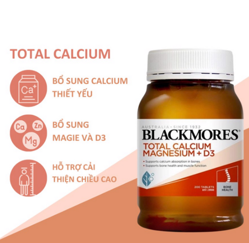 Viên uống Bổ sung Canxi, Magie và Vitamin D3 Blackmores 200 viên - Hỗ trợ sức khỏe xương và chiều cao cho người lớn và trẻ em 6 tuổi trở lên