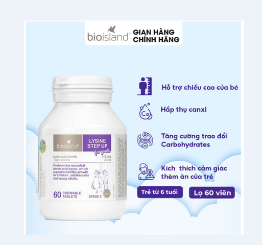 Viên uống tăng chiều cao Bio Island Lysine Step Up 60 viên - Hỗ trợ phát triển chiều cao và tăng cường sức đề kháng cho trẻ em từ 6 tuổi.
