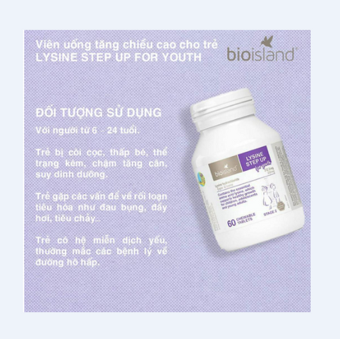 Viên uống tăng chiều cao Bio Island Lysine Step Up 60 viên - Hỗ trợ phát triển chiều cao và tăng cường sức đề kháng cho trẻ em từ 6 tuổi.