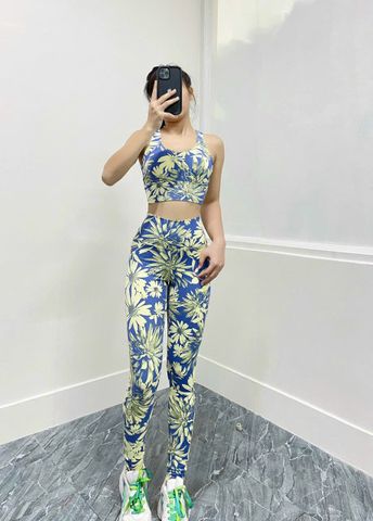 Bộ đồ thể thao nữ hoạ tiết hoa thời trang - Set quần áo gym và yoga thiết kế đan chéo, tặng kèm mút ngực cao cấp