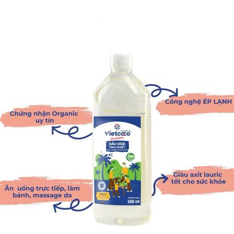Dầu dừa tinh khiết Organic Vietcoco (thực phẩm) - chai 500ml