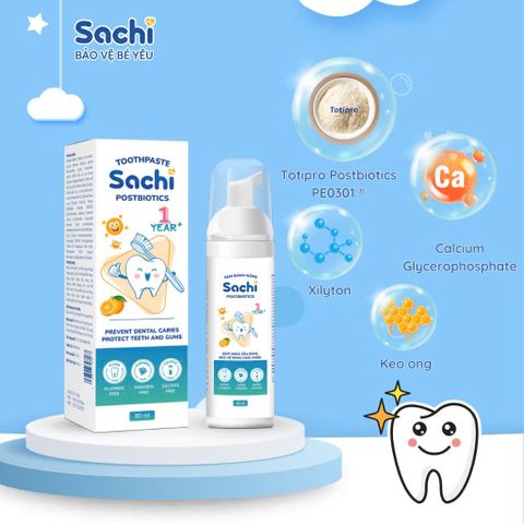 Kem đánh răng tạo bọt Sachi Postbiotics cho bé - Ngừa sâu răng, khử mùi hôi miệng, 80ml, an toàn với thành phần tự nhiên
