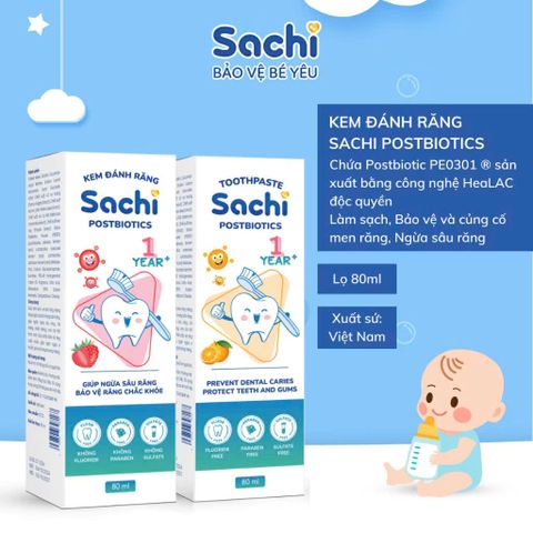 Kem đánh răng tạo bọt Sachi Postbiotics cho bé - Ngừa sâu răng, khử mùi hôi miệng, 80ml, an toàn với thành phần tự nhiên