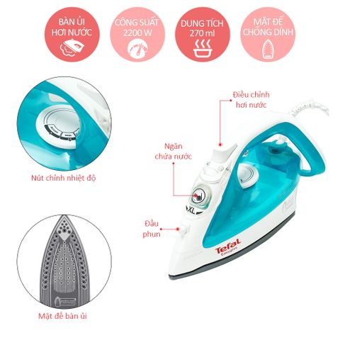 Bàn Ủi Hơi Nước Tefal FV3910 2200W - Thiết Kế Nhỏ Gọn, Chống Dính, Dung Tích 270ml, Giúp Làm Thẳng Quần Áo Dễ Dàng, Tiện Lợi