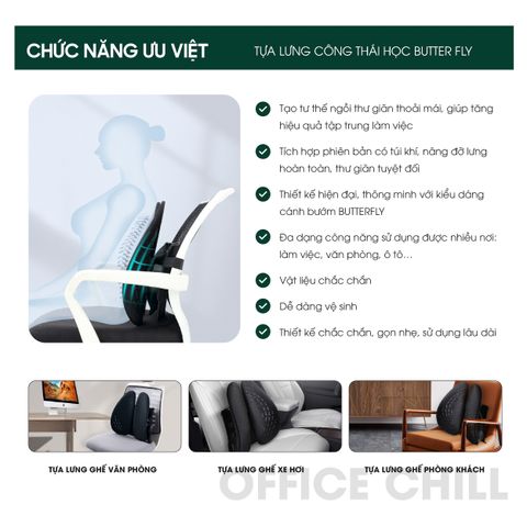 Tựa Lưng Ghế Văn Phòng Công Thái Học ButterFly - Điều Chỉnh 5 Cấp Độ, Hỗ Trợ Cột Sống, Chất Liệu Polyester Siêu Bền