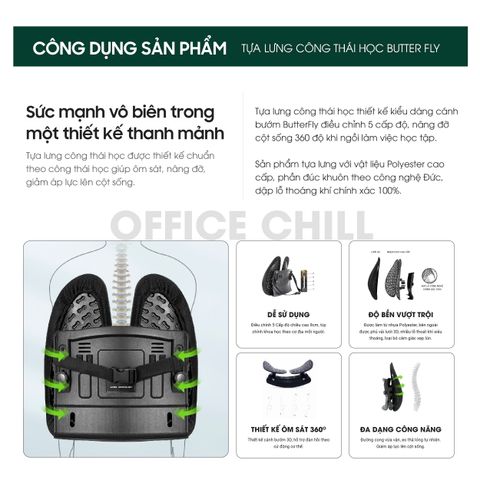 Tựa Lưng Ghế Văn Phòng Công Thái Học ButterFly - Điều Chỉnh 5 Cấp Độ, Hỗ Trợ Cột Sống, Chất Liệu Polyester Siêu Bền