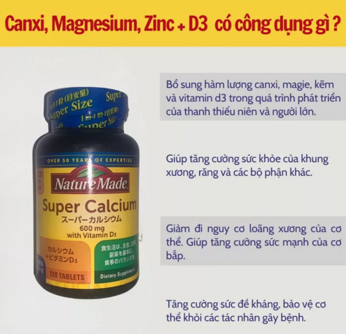 Viên uống Super Canxi Nature Made 120 viên - Bổ sung Canxi và Vitamin D cho xương chắc khỏe, hỗ trợ sức đề kháng, sản phẩm Nhật Bản
