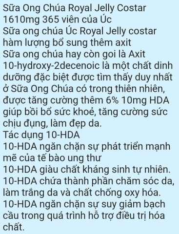 Sữa Ong Chúa Costar Royal Jelly 1610mg 365 Viên - Hỗ Trợ Làm Đẹp Da, Cải Thiện Nếp Nhăn, Xuất Xứ Úc