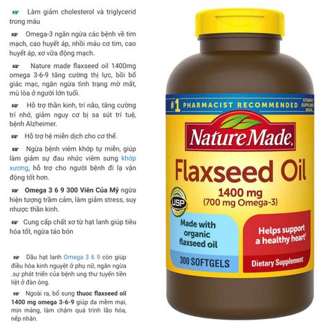 Dầu Hạt Lanh Omega 3 6 9 Nature Made 1400mg - 300 Viên Hỗ Trợ Tim Mạch và Tăng Cường Sức Khỏe Từ Mỹ