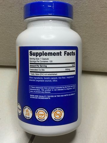 Mật Bò Ox Bile Nutricost 500mg - Hỗ Trợ Tiêu Hóa Chất Béo, Vitamin Tan Trong Dầu - 120 Viên Nhộng