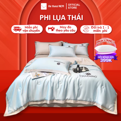Bộ drap giường lụa Hệ Thống Nệm cao cấp bộ set chăn ga drap grap phủ trải giường gối nệm đệm 5 món lụa thái mùa hè cao cấp