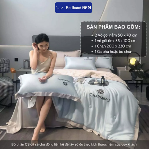 Bộ drap giường lụa Hệ Thống Nệm cao cấp bộ set chăn ga drap grap phủ trải giường gối nệm đệm 5 món lụa thái mùa hè cao cấp