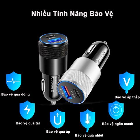 Tẩu Sạc Nhanh Ô Tô 38W 2 Cổng USB & Type-C Có Đèn LED - Sạc Nhanh Cho Điện Thoại & Máy Tính Bảng, Thiết Kế Hiện Đại, An Toàn, Tiện Lợi