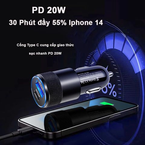 Tẩu Sạc Nhanh Ô Tô 38W 2 Cổng USB & Type-C Có Đèn LED - Sạc Nhanh Cho Điện Thoại & Máy Tính Bảng, Thiết Kế Hiện Đại, An Toàn, Tiện Lợi