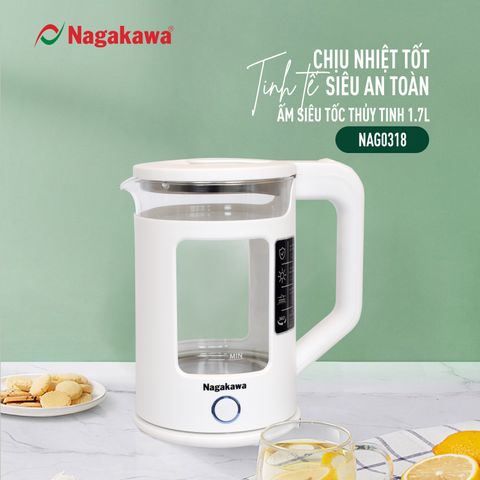 Ấm Siêu Tốc Thủy Tinh Nagakawa NAG0318 - 1.7L, 1355W, Thiết Kế Hiện Đại, Chống Cạn Nước, Đèn LED Chiếu Sáng An Toàn