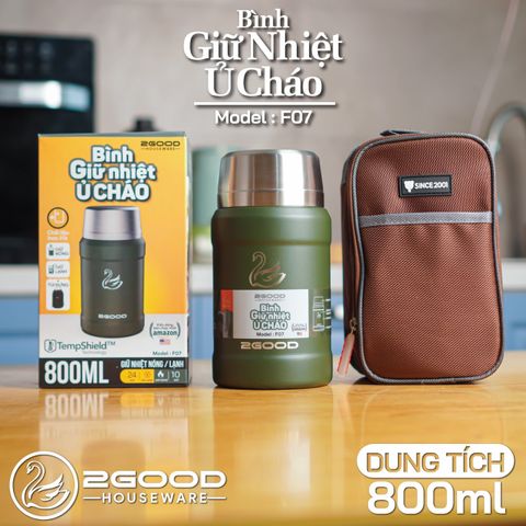 Bình ủ Cháo, Bình Giữ Nhiệt 2GOOD F07, 800ml, inox Cao Cấp 316, Kèm Thìa, Túi Giữ Nhiệt - Hàng Chính Hãng