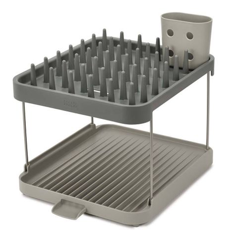 Giá úp bát đĩa 2 tầng Joseph Joseph Duo - Khay sấy bát đĩa thông minh màu xám, tích hợp xả nước trực tiếp vào bồn rửa, cần nâng cao tiện lợi.