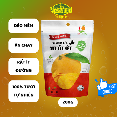 Xoài Sấy Dẻo Muối Ớt Viza Food 200g - Trái Cây Sấy Khô Nguyên Miếng Hàng Xuất Khẩu, Ngọt Ngào Đặc Biệt, Không Chất Bảo Quản