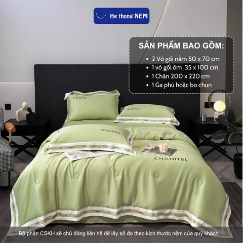 Bộ ga giường phi lụa cao cấp Hệ Thống Nệm bộ set chăn ga drap grap phủ trải giường gối nệm đệm 5 món lụa thái mát lạnh mùa hè