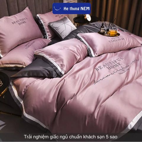 Bộ ga giường lụa beauty Hệ Thống Nệm bộ set chăn ga drap grap phủ trải giường gối nệm đệm 5 món lụa thái mùa hè cao cấp