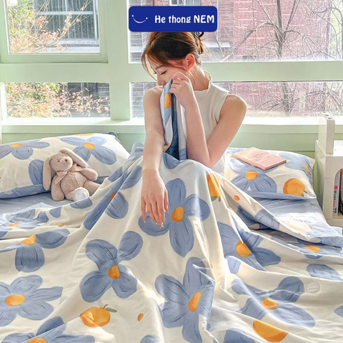 Bộ chăn ga giường 5 món Hệ Thống Nệm cao cấp set bộ vỏ chăn ra ga dra grap drap trải giường cotton living gối nệm đệm 5 món