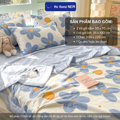 Bộ chăn ga giường 5 món Hệ Thống Nệm cao cấp set bộ vỏ chăn ra ga dra grap drap trải giường cotton living gối nệm đệm 5 món