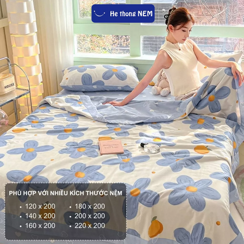 Bộ chăn ga giường 5 món Hệ Thống Nệm cao cấp set bộ vỏ chăn ra ga dra grap drap trải giường cotton living gối nệm đệm 5 món